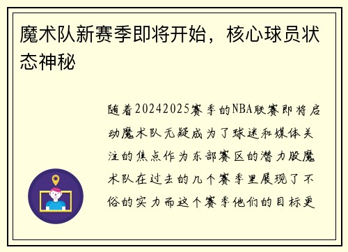 魔术队新赛季即将开始，核心球员状态神秘